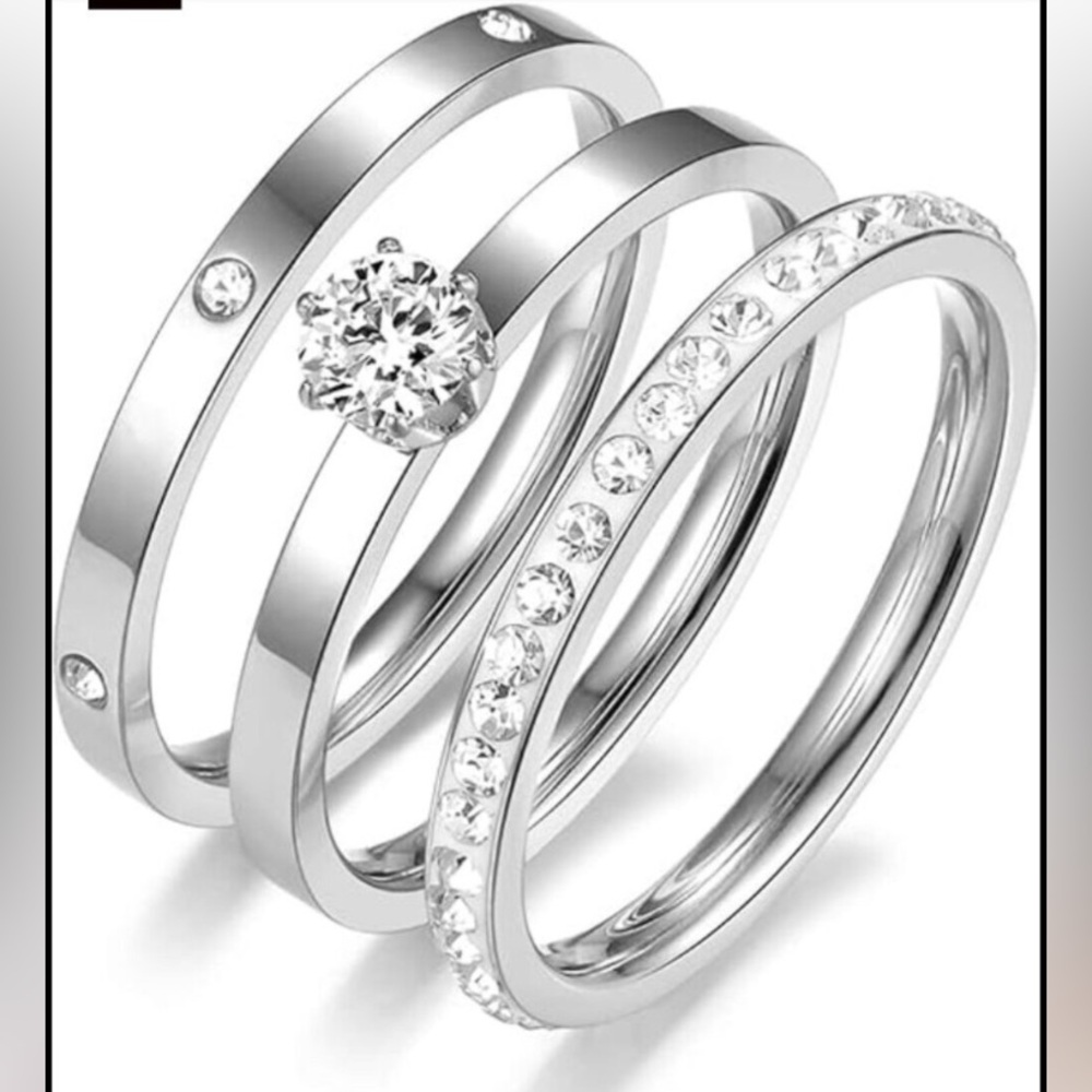 3 in 1 Stackable Heart Cubic Zirconia Moissanite Ring Set 18K Plated Stainless